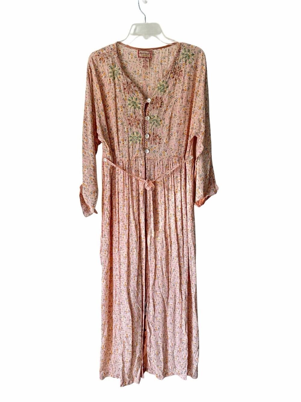 April Cornell Vintage Embroidered Peach Ditsy Floral MIDI Button Down Dress Med
